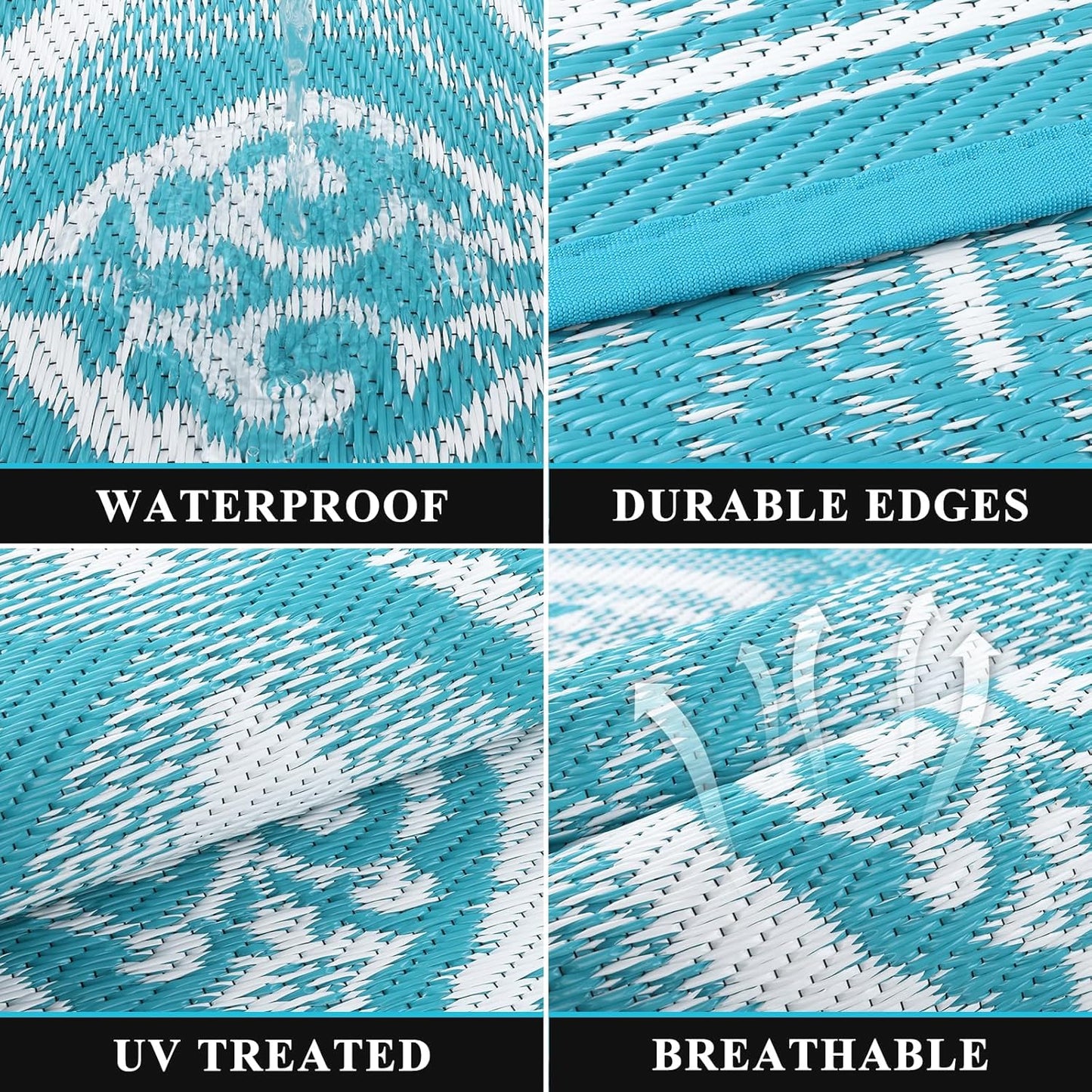 Pauwer Waterproof Outdoor Rug 6x9, Reversible Plastic Straw Patio Camping Rug, Indoor Outdoor RV Mat Carpet for Deck, Camper, Porch, Balcony, Backyard, Picnic, Clover Teal