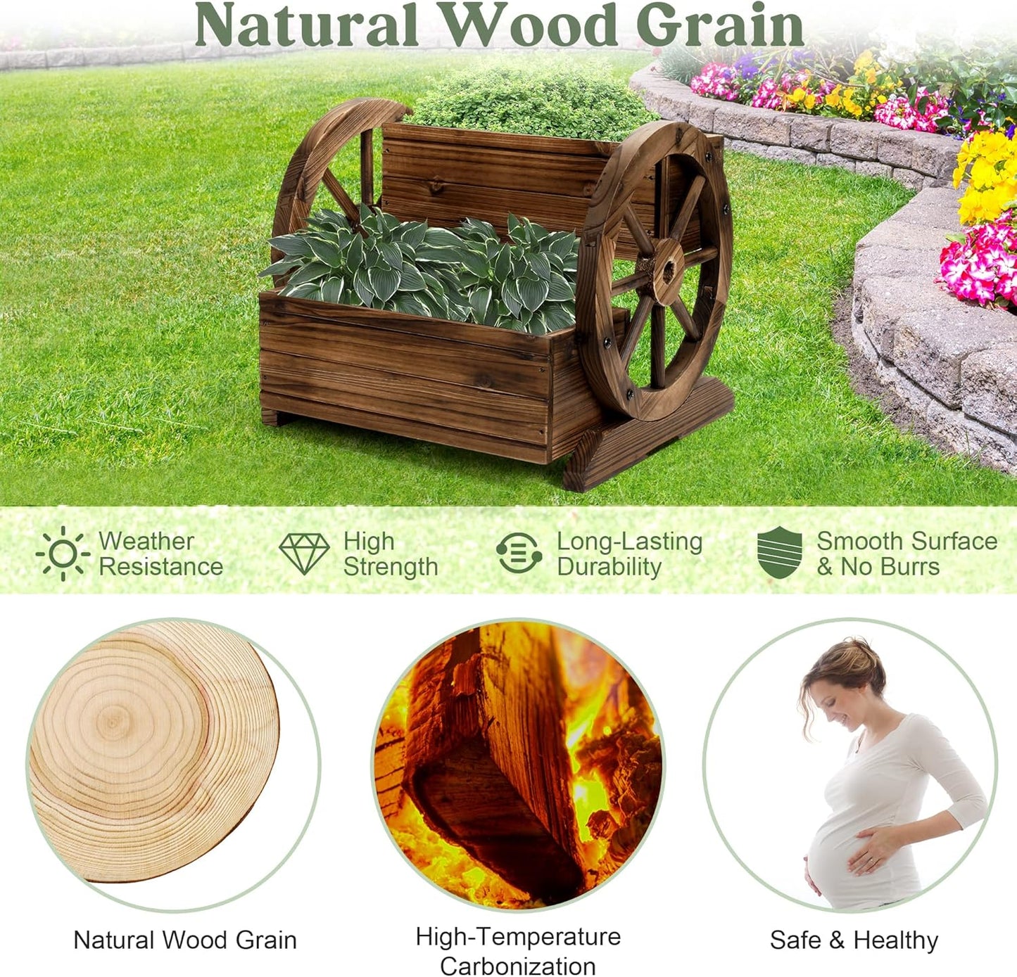 Wooden Wagon Planter Box, Garden Planter with Wheels,Decorative Planter for Flowers Herbs Vegetables for Indoor & Outdoor Décor, Flower Cart for Patio Garden Balcony