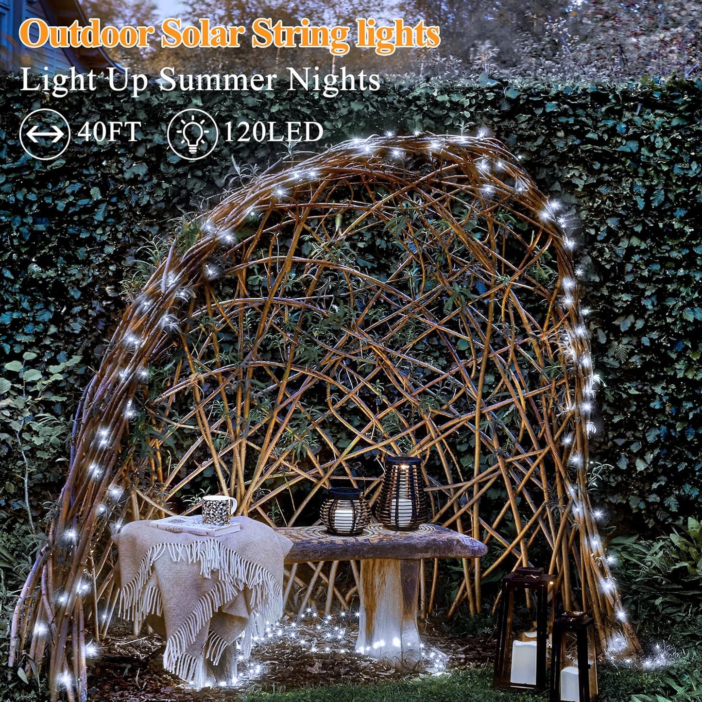 Solar String Lights 120LED 40FT, IP67 Waterproof Solar Lights for Outside with 8 Lighting Modes, Upgraded Solar Panel Fairy Lights for Garden Party Wedding Decorations (Cool White)