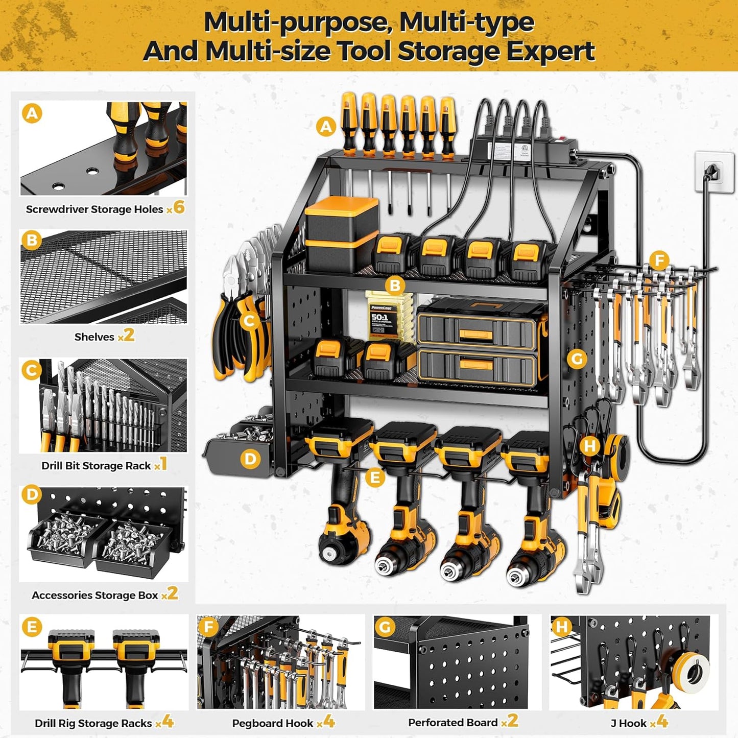 LBT Heavy Duty Metal Power Tool Organizer Wall Mount with 4 Outlet Charging Station & Drill Holder, 4 Layer Garage Storage Rack 120LB, Gift for Men Dad Husband (Workshop, Anniversary, Father's Day)