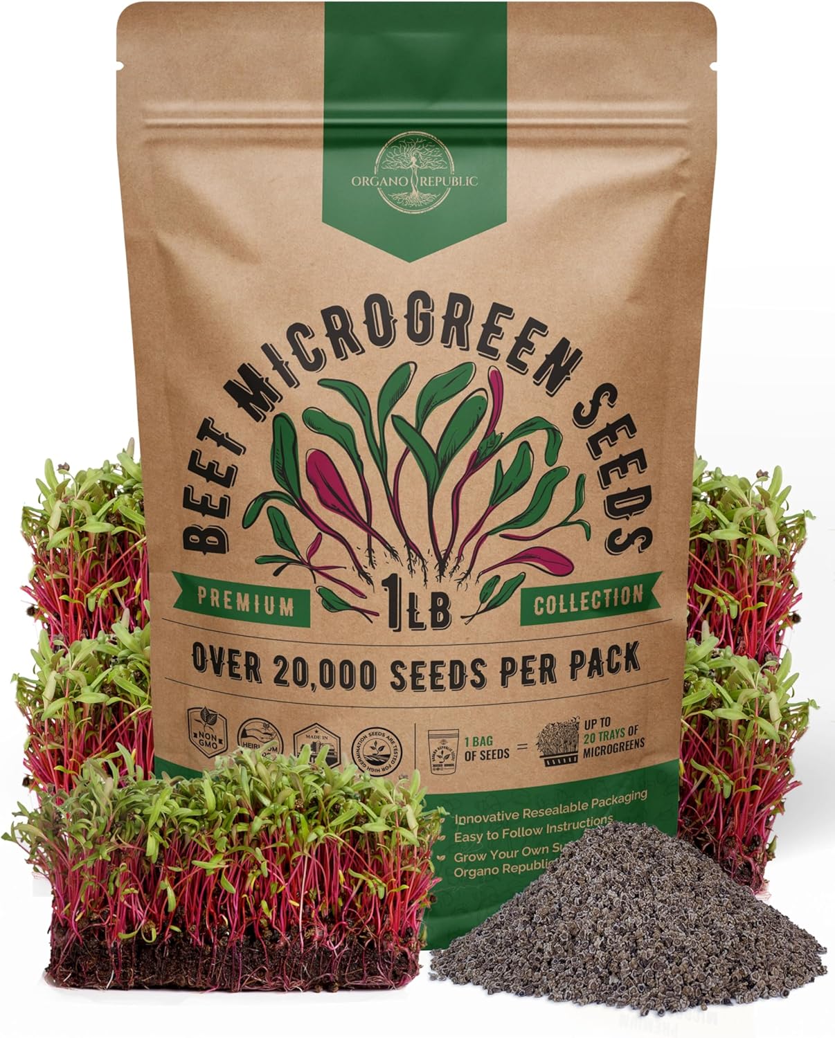 Organo Republic Beet Sprouting & Microgreens Seeds - 20,000 Non GMO Heirloom Seeds, Sprouts in Bulk 1lb Resealable Bag for Planting and Growing in Soil, Coconut Coir, Aeroponic & Hydroponic System