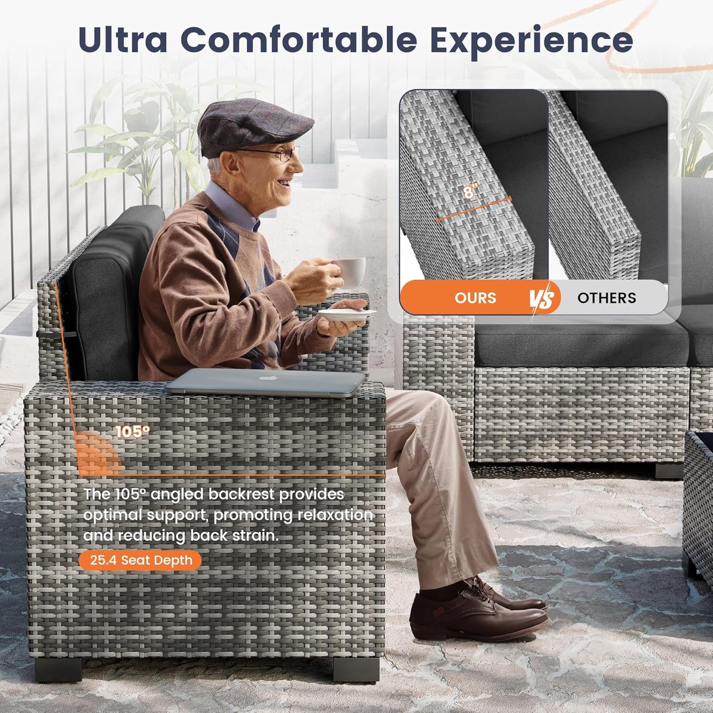 UDPATIO Patio Furniture Set, 8 Inch Armrest Patio Sectional Furniture, 6 Piece Wicker Outdoor Sectional Conversation Sets with Waterproof Cover and Coffee Table for Backyard Deck(Grey/Black)