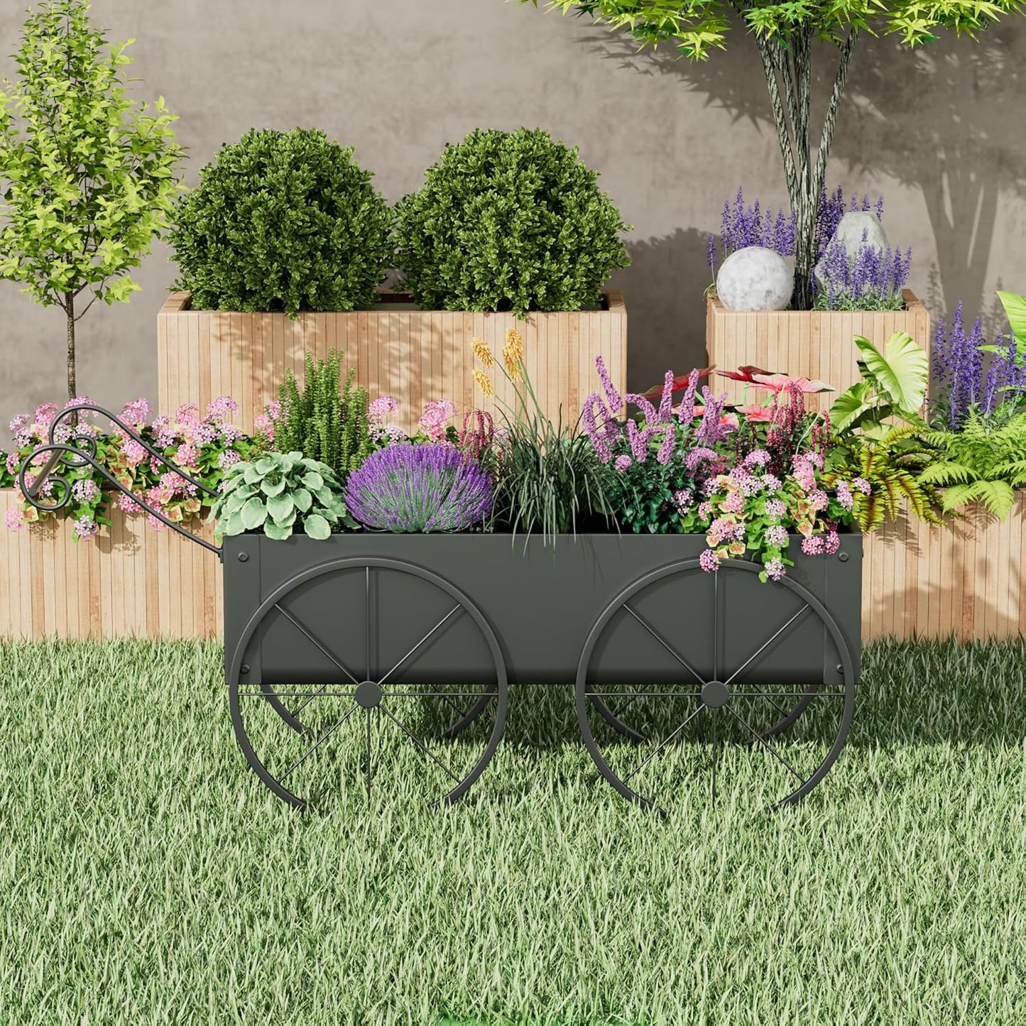 Metal Raised Garden Bed with Wagon Wheels, Small Wagon Planter Box Outdoor, Decorative Garden Planter Flower Cart for Flowers Herbs Vegetables, Patio and Balcony Decor (Black)