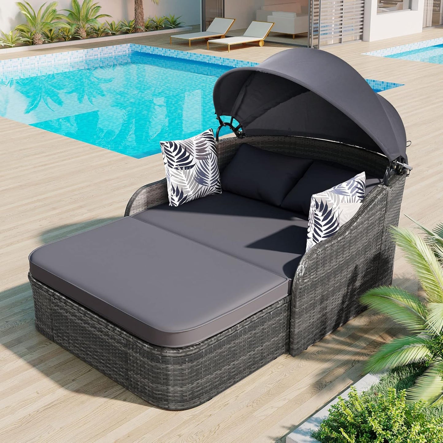 kevinplus Outdoor Patio Sunbed Daybed Double Lounge with Adjustable Canopy for Garden Backyard Pool, PE Rattan Wicker Material & Moveable Cushion Cover, Gray