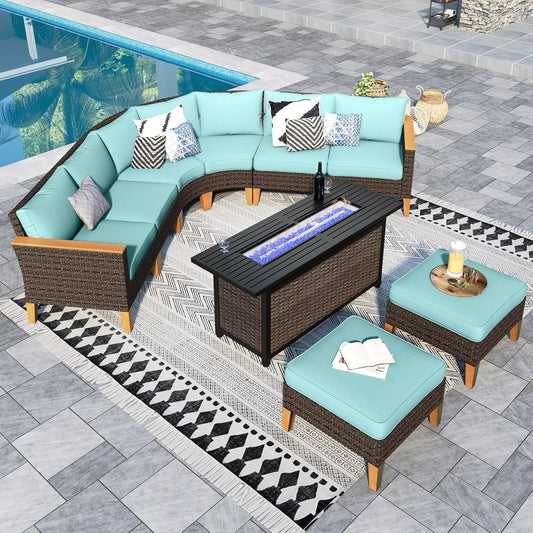 Sophia & William Patio Furniture Set with Fire Pit Table, 9 Piece Half Moon Outdoor Wicker Sectional Sofa Set, Rattan Conversation Set with 56-Inch Fire Pit Table & Ottoman (Aqua Blue)