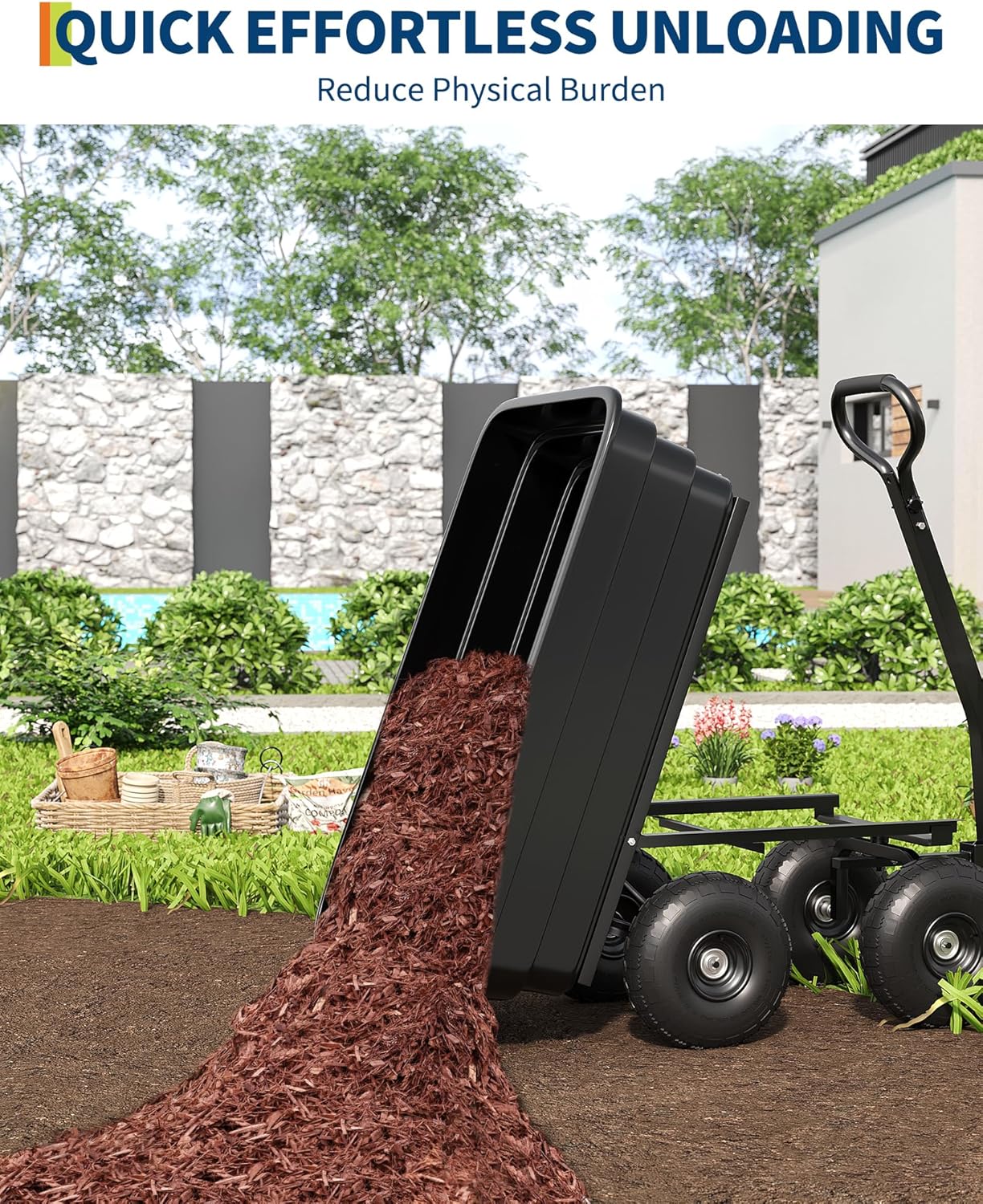 Poly Dump Cart - Heavy Duty 1200lbs Garden Cart with Quick-Release Dumping & No-Flat 13" Tires, Utility Wagon for Yard Work, Landscaping, Gardening