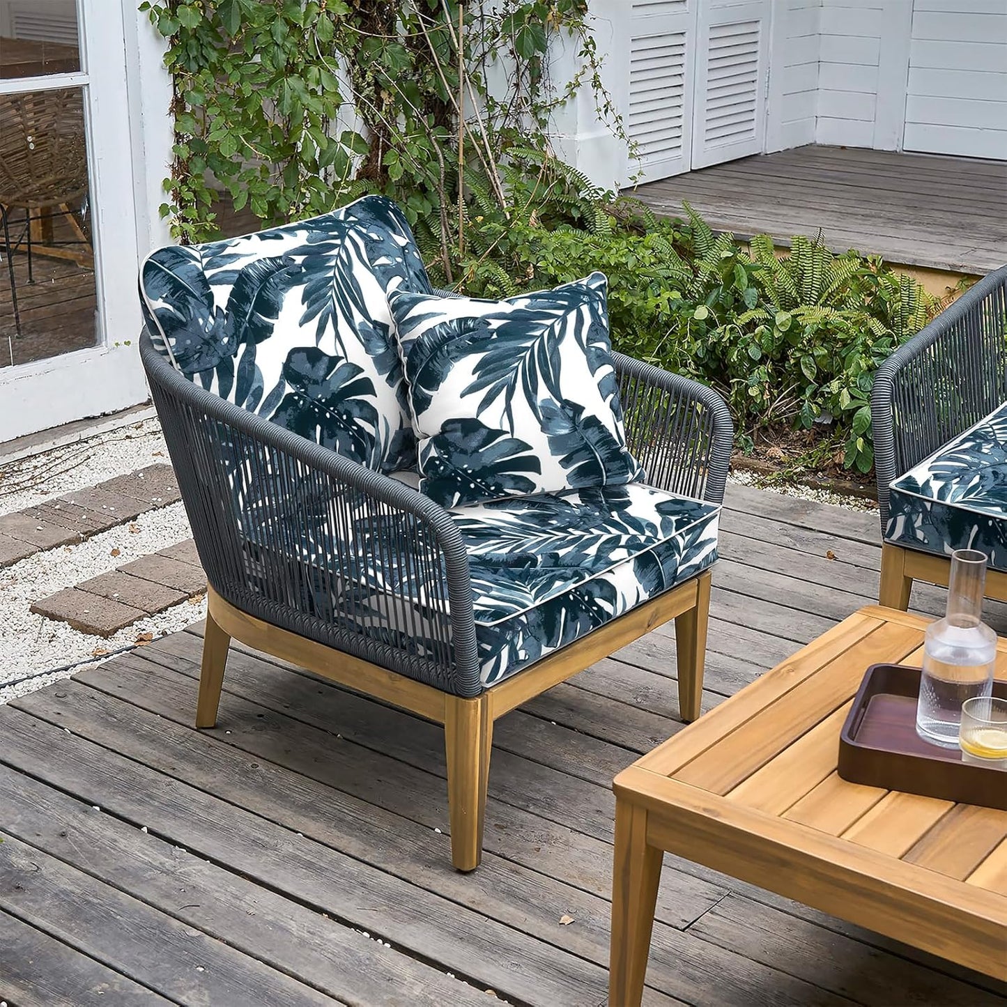 LVTXIII Outdoor Deep Seat Cushion Patio Seat and Back Cushion Set Seasonal Chair Cushion with Removable Cover and Adjustable Buckle for Home and Garden, 22"x22"x4", Palms Blue