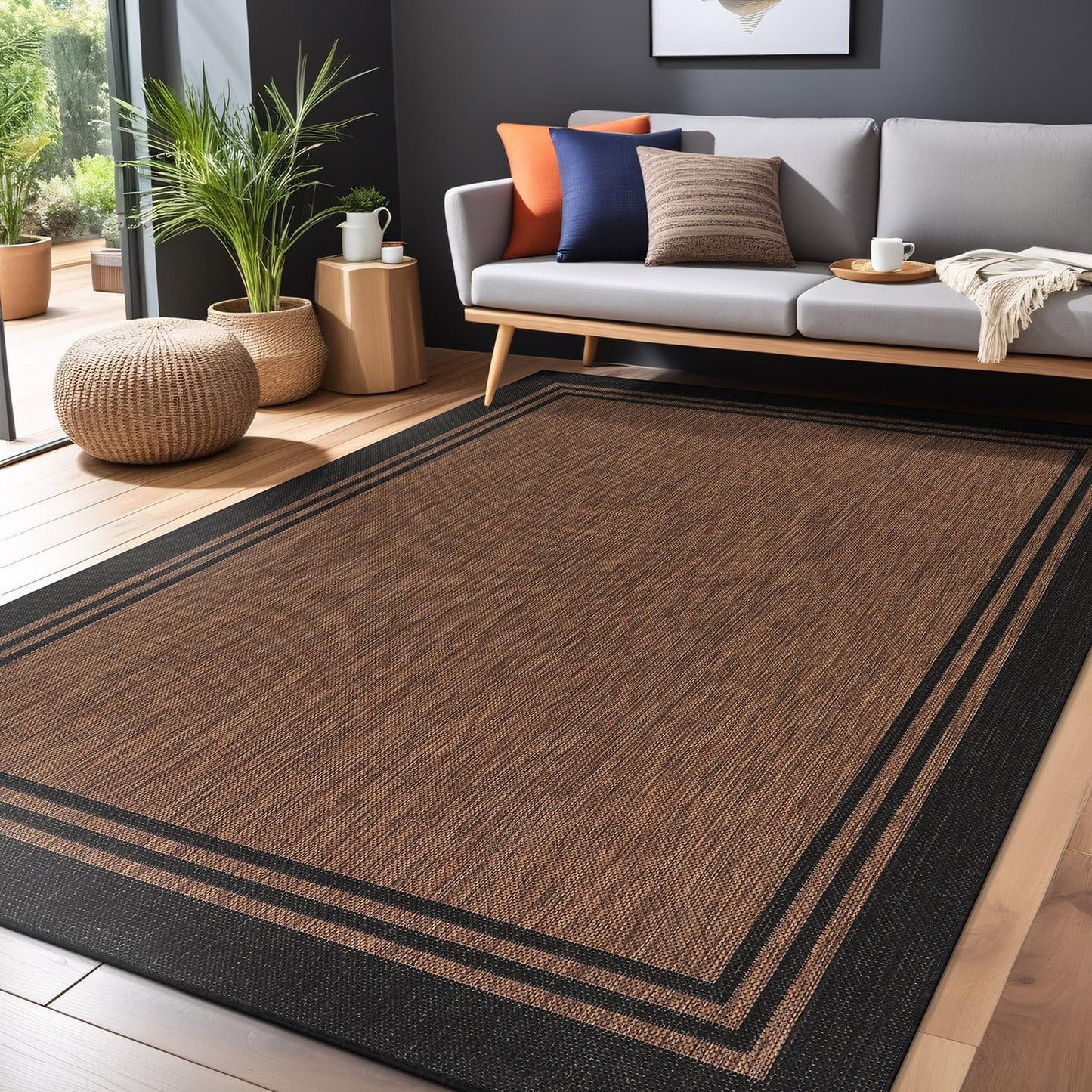 Bordered Outdoor Rug 10x14 Washable Outside Carpet for Indoor Patio Porch Waterproof Easy Cleaning Non Shedding Area Rugs Nut Brown 10 x 14