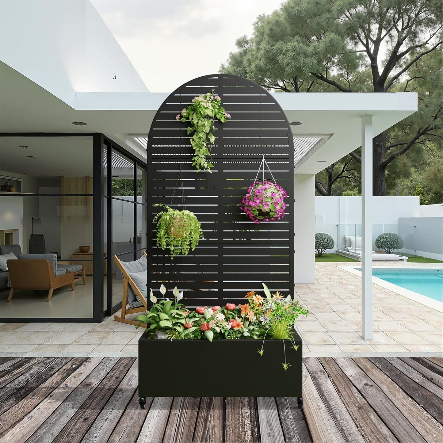 Casaphoria Metal Raised Garden Bed with Trellis and Wheels, 72"x35"x16" Arched Planter Box for Climbing Plants, Vegetables & Vines, Features Drainage Holes and Privacy Screen (Black-Louvered)