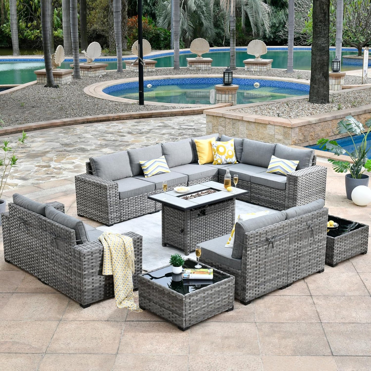 HOOOWOOO 13 Piece Modular Patio Outdoor Sectional Furniture Set with Gas Propane Fire Pit Table,Wicker Conversation Sofa Set,Out Door Couch Set with Wide Arm Outside(Dark Grey)