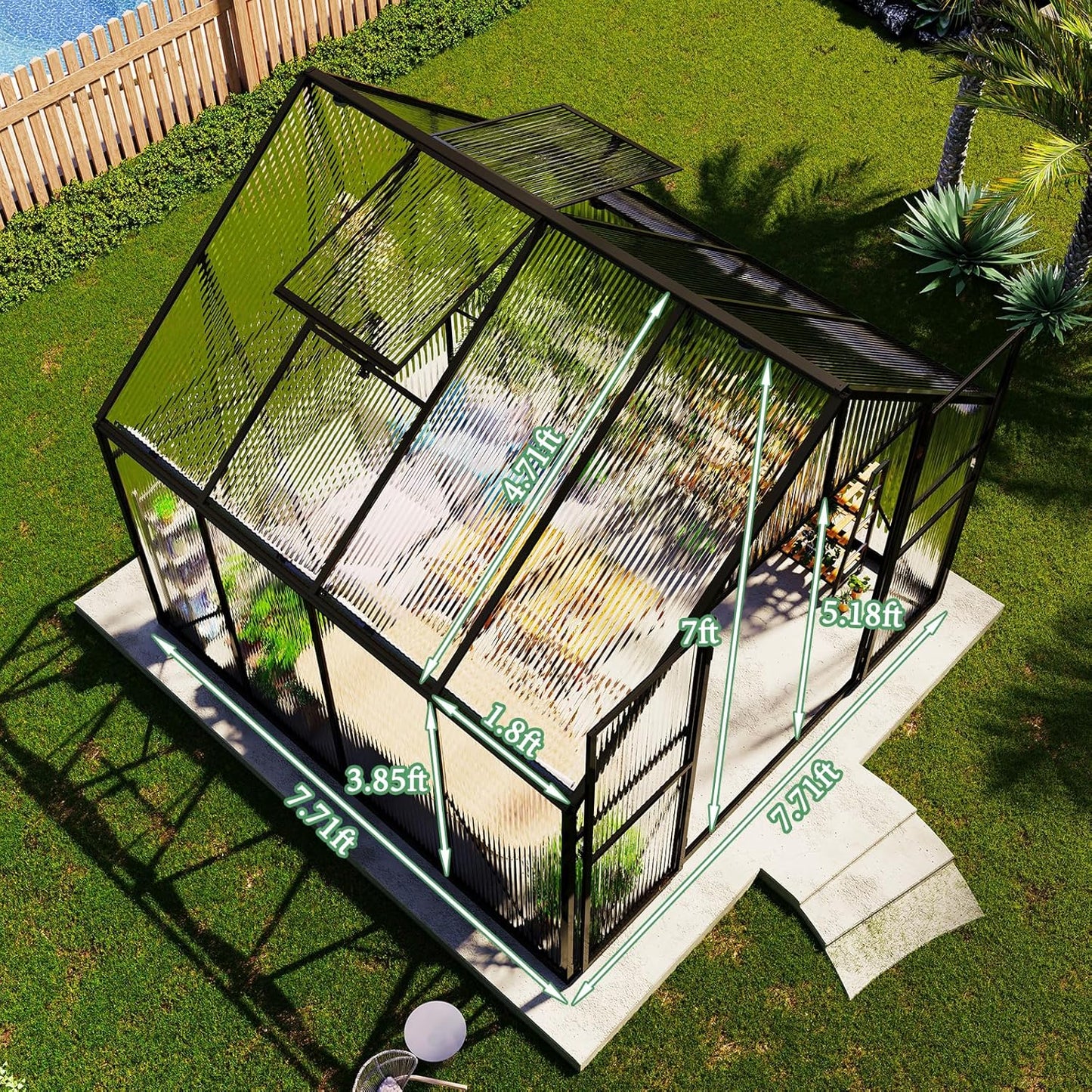 Amerlife 8x8x7 FT Ft Polycarbonate Greenhouse for Outdoors, Walk-in Design with Aluminum Frame, 2 Windows and Swing Door, Heavy-Duty Greenhouse Construction for Garden, Black
