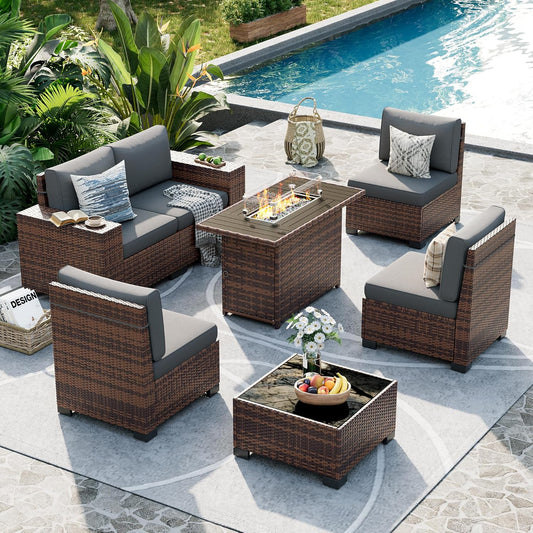 UDPATIO Patio Furniture Set with Fire Pit Table, 8 Inch Armrest Outdoor Sectional Sofa, 7 Piece Wicker Outdoor Furniture Conversation Sets with Waterproof Cover for Backyard Deck(Brown/Dark Grey)