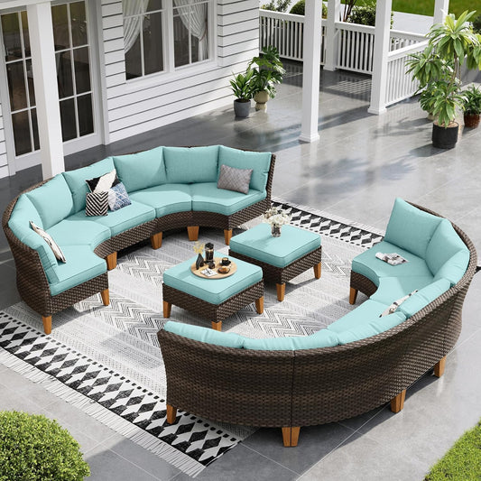 Sophia & William Outdoor Wicker Sectional Sofa Set, 12 Piece Half Moon Curved Patio Furniture Modern Round Outdoor Couch Conversation Set with Ottoman for Backyard, Deck, Garden(Aqua Blue)