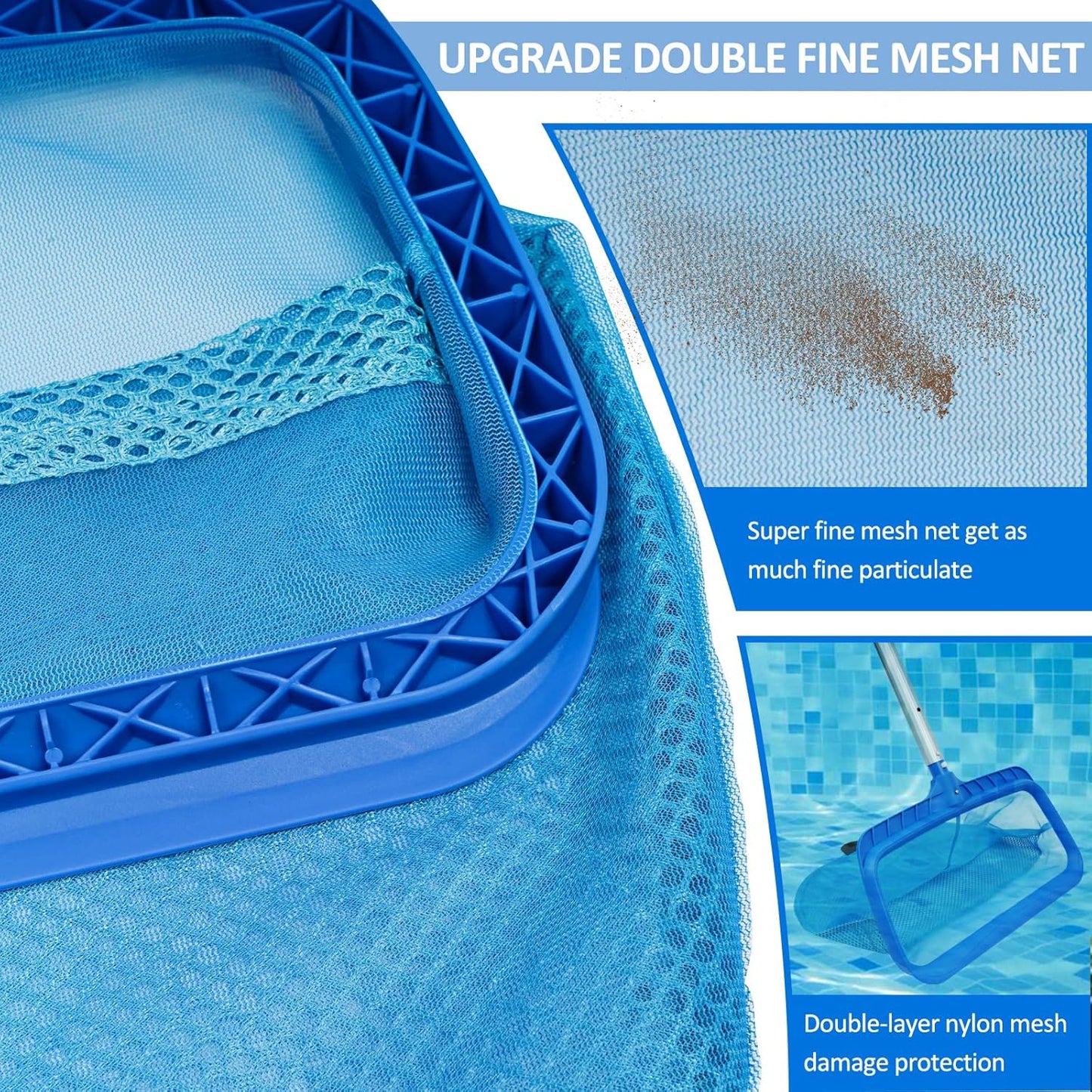 Poolvio Swimming Pool Skimmer Net, Fine Mesh Pool Leaf Rake Net with Double-Layer Deep Bag, Reinforced Frame - Swimming Pool Nets for Cleaning Finest Debris