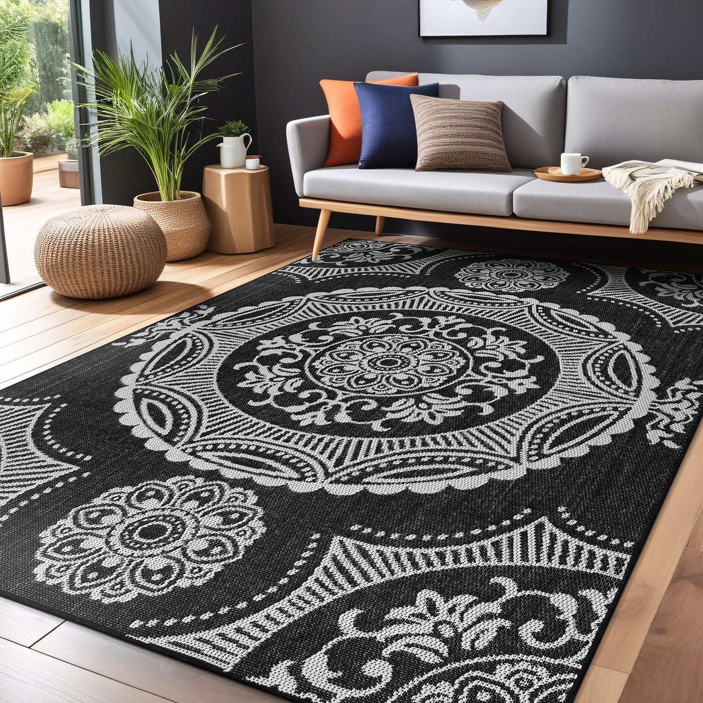 Medallion Outdoor Rug 10x14 Washable Outside Carpet for Indoor Patio Porch Waterproof Easy Cleaning Non Shedding Area Rugs Black 10 x 14