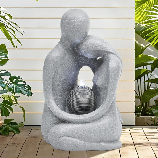 20.9in Hugging Couple Outdoor Water Fountain with LED Lights, Modern Couple Silhouette Garden Water Fountain for Patio, Yard,or Indoor Décor