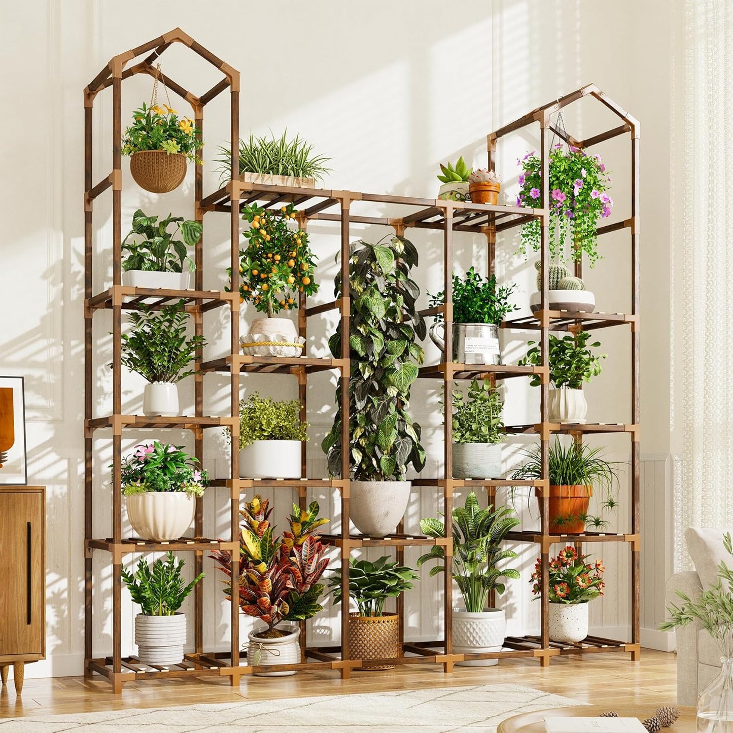 EnHomee Plant Stand Indoor Plant Stands Outdoor Tall Plant Shelf for 19-25 Pots Corner Tiered Plants Stands for Multiple Plants Wood Hanging Plants Holder for Garden Balcony Patio Window Porch
