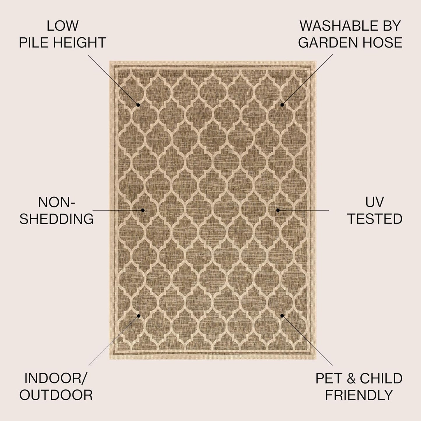 Eyely BMS109A-6SQ Santa Monica Trebol Moroccan Trellis Textured Weave, Pet Friendly, Non-Shedding, Stain Resistant, Easy-Cleaning, Brown/Beige, 6' Square, Indoor/Outdoor, Area Rug