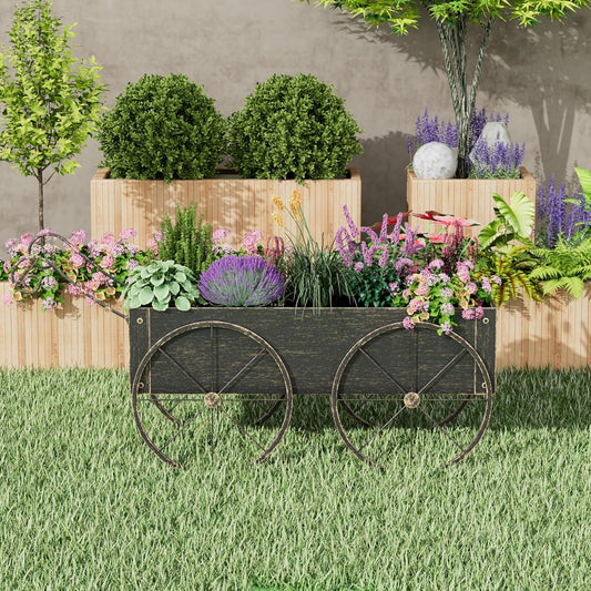 Metal Raised Garden Bed with Wagon Wheels, Small Wagon Planter Box Outdoor, Decorative Garden Planter Flower Cart for Flowers Herbs Vegetables, Patio and Balcony Decor (Golden)