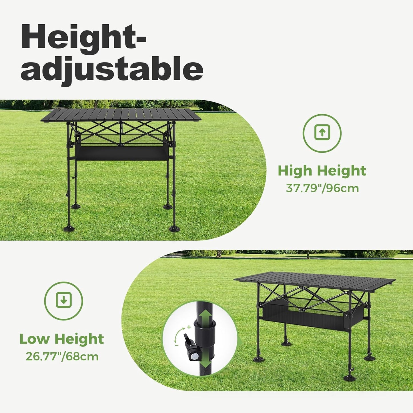 LET'S CAMP Folding Camping Table, Portable Aluminum Roll-up Picnic Backpacking Table with Adjustable Height, Large Storage and Carrying Bag for Picnic, Camping, BBQ, Party, Backyard, Beach