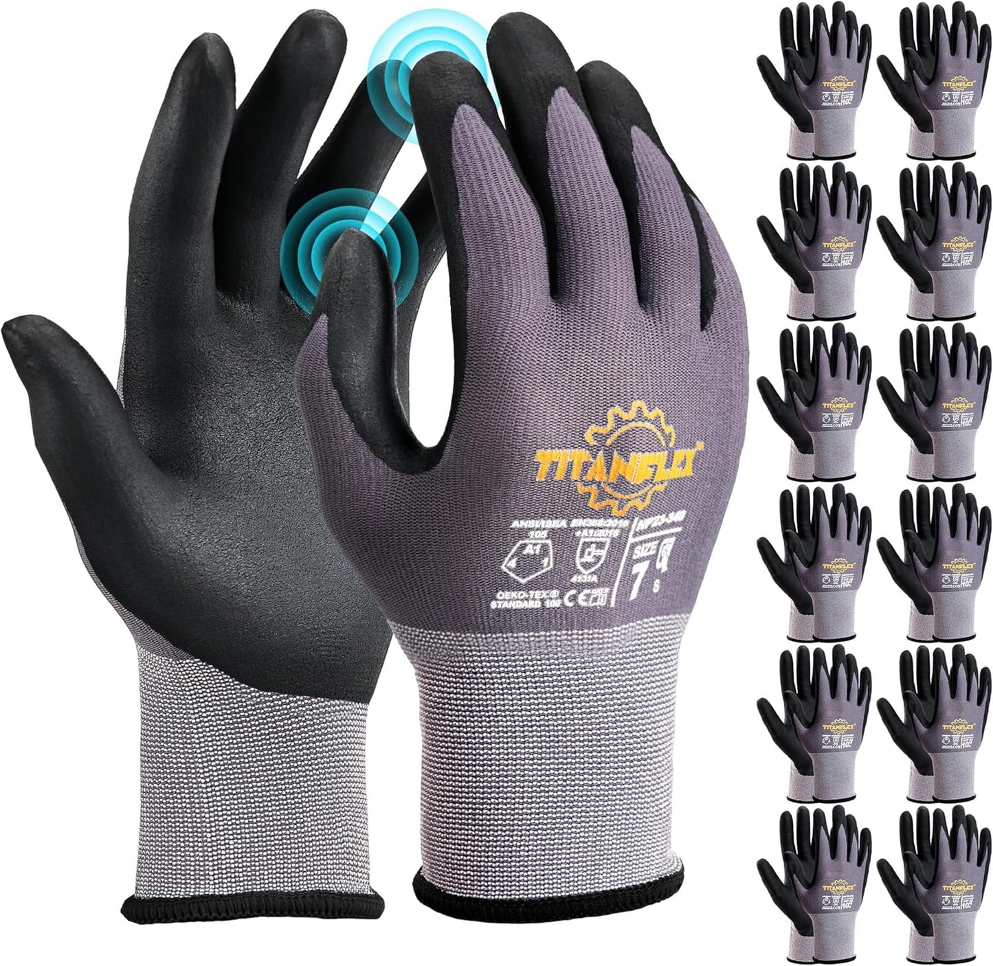 TitanFlex Work Gloves Microfoam Nitrile Coated Men Women, Safety Warehouse Gloves with Grip, Touchscreen, Seamless Knit Nylon