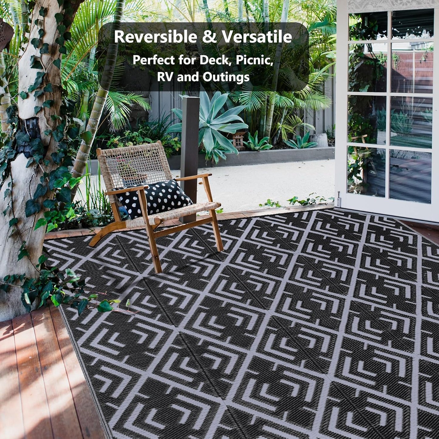Outdoor Plastic Straw Rug, Waterproof Outdoor Rugs for Patios Clearance, Reversible Area Rug, Large Outside Carpet for Camping, Balcony, RV, Deck, Picnic, Beach (6x9ft Boho/Black&Grey)