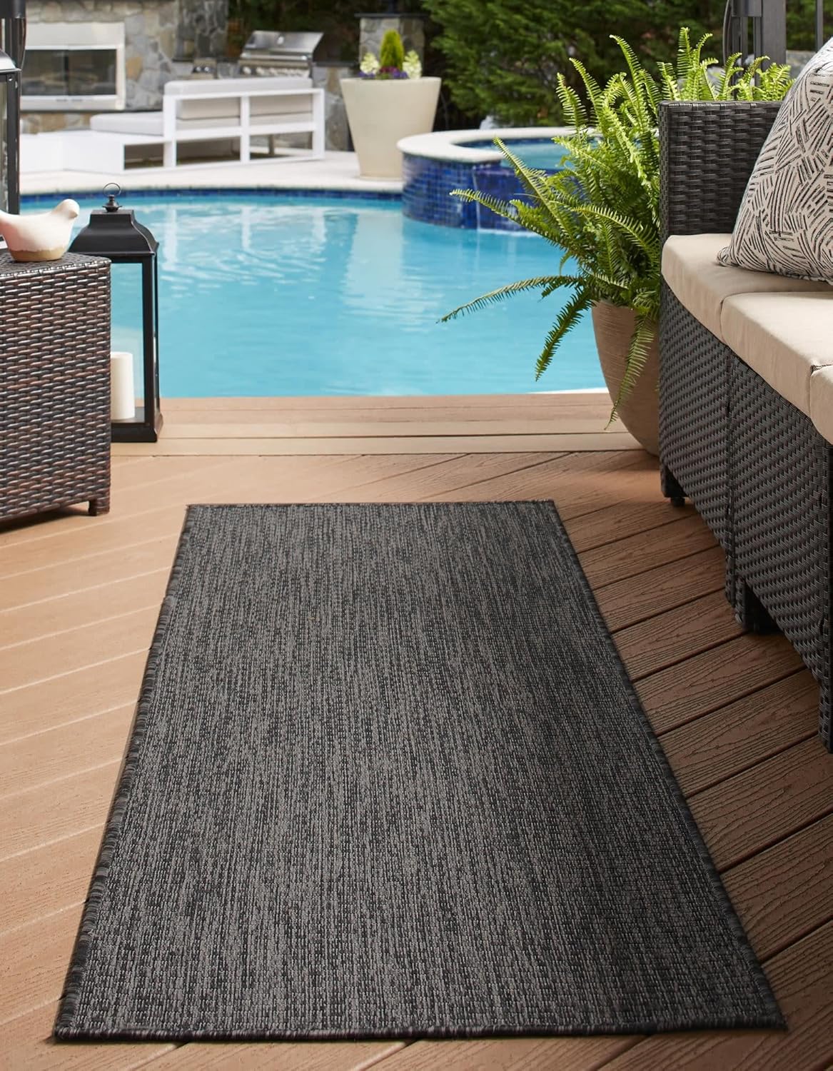 Unique Loom Collection Casual Transitional Solid Heathered Indoor/Outdoor Flatweave Area Rug (2' x 6' 1" Runner, Black/Ivory)