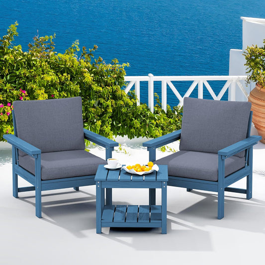 SERWALL HDPE Patio Sofa Set, 3-Piece Sectional Outdoor Furniture Set, All Weather Outdoor Couch Set Patio Furniture Set for Deck, Lawn, Blue Frame with Grey Cushion