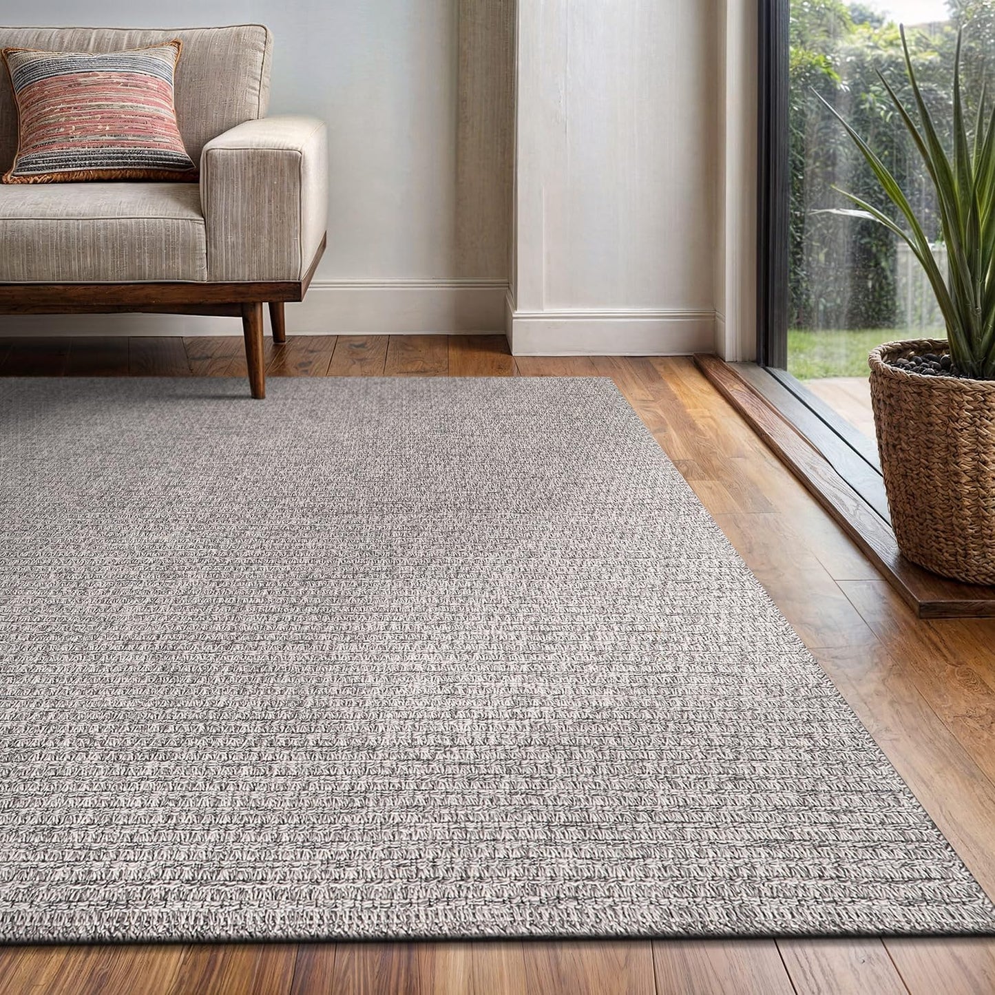 Easy Jute Rug 5x7 Indoor Outdoor Natural Rugs Solid Fiber Rug Woven Area Rug Boho Easy Clean Inside Carpet for Living Room Bedroom Dining Room Hallway or Outdoor Patio Porch (5 X 7 Silver)