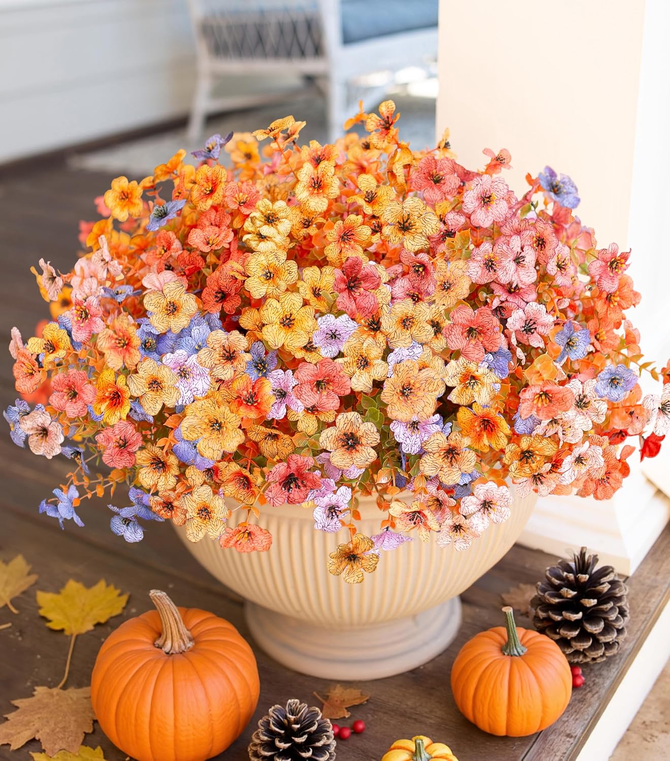 Artificial Fall Flowers Faux Mums for Outdoor Indoor Garden Home Decoration, Faux Flower Daisy with Eucalyptus Leaves Fake Plants Greenery Boxwood Porch Patio, 12 Bundles (6 Fall Multicolor)