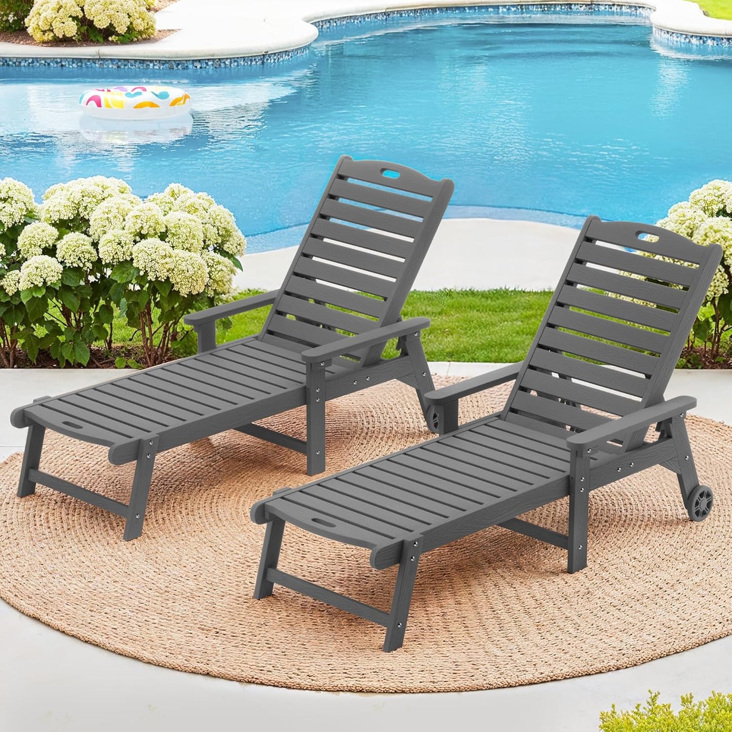 LUE BONA Outdoor Chaise Lounge Chairs Set of 2, 79'' Oversized HDPS Chaise Lounger, 5 Positions Adjustable Lounge Chairs, Pool Lounge Chair with Wheels for Poolside, 3 Year Warranty, Dark Gray