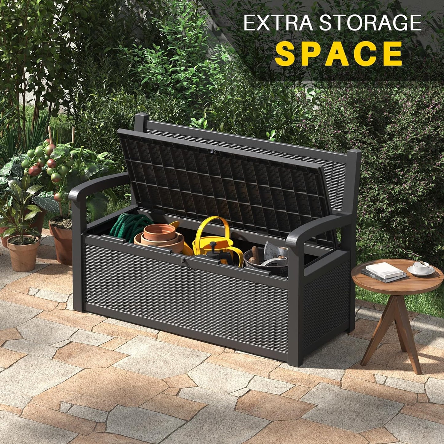 80 Gallon Outdoor Storage Box, Resin Patio Furniture with Armrest, Lockable Deck Box with Waterproof and UV Resistant for Patio Cushions, Garden Tools and Pool Supplies, Black
