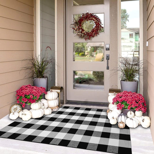 IOHOUZE Buffalo Plaid Checkered Rug 3x5 Ft Front Door Mats, Washable Area Rugs for Front Porch Decor, Spring Summer Welcome Mats Outdoor, Black White Rug for Farmhouse/Entryway/Home Entrance