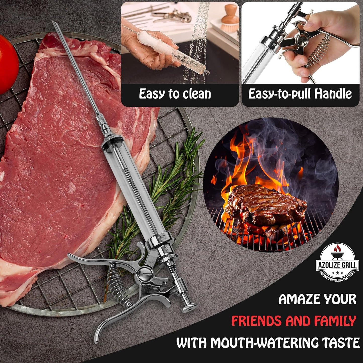 Meat Injector Gun Kit for Smoking & Grilling - Stainless Steel BBQ Meat Turkey Injector with Case, Instruction Book - Professional Brisket Flavor Injector Syringe - Marinade Meat Injector