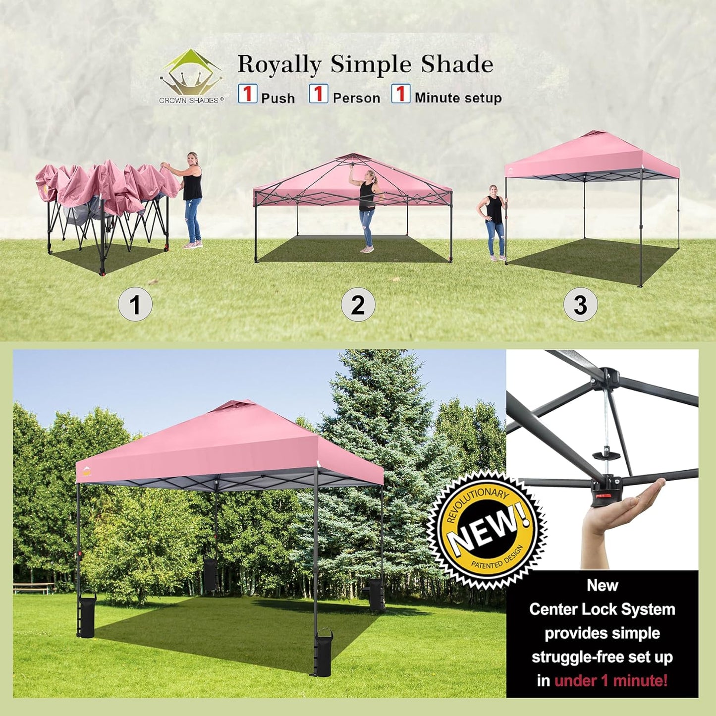 CROWN SHADES 10x10 Pop Up Canopy Tent - Patented Center Lock One Push Instant Outdoor Canopy Beach Tent with STO-N-Go Bag 8 Stakes & 4 Sand Bags，Pink