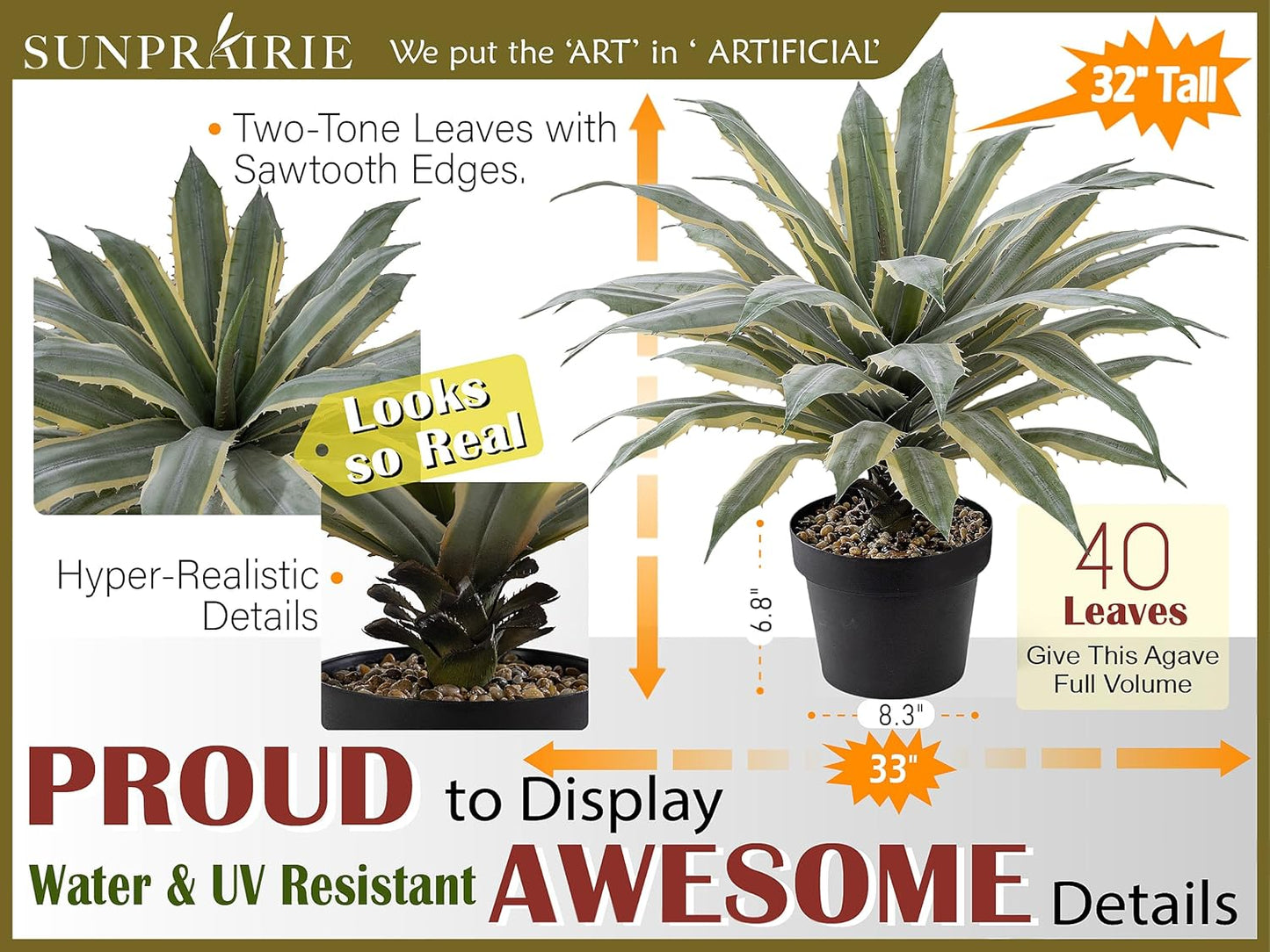 SUNPRAIRIE 32 Inch Tall Large Faux Agave Plant with Two-Tone Sawtooth Edged Leaves; Planted in Black Pot with Real Stone Pebbles. Large Artificial Plants Indoor and Outdoor.