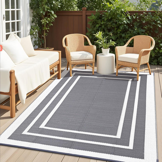 OLANLY Outdoor Rug 8x10 ft Waterproof, Reversible Outdoor Plastic Straw Rug, RV Mat, Indoor Outdoor Carpet Clearance for Patio, Camping, Balcony, Deck, Backyard, Grey & White