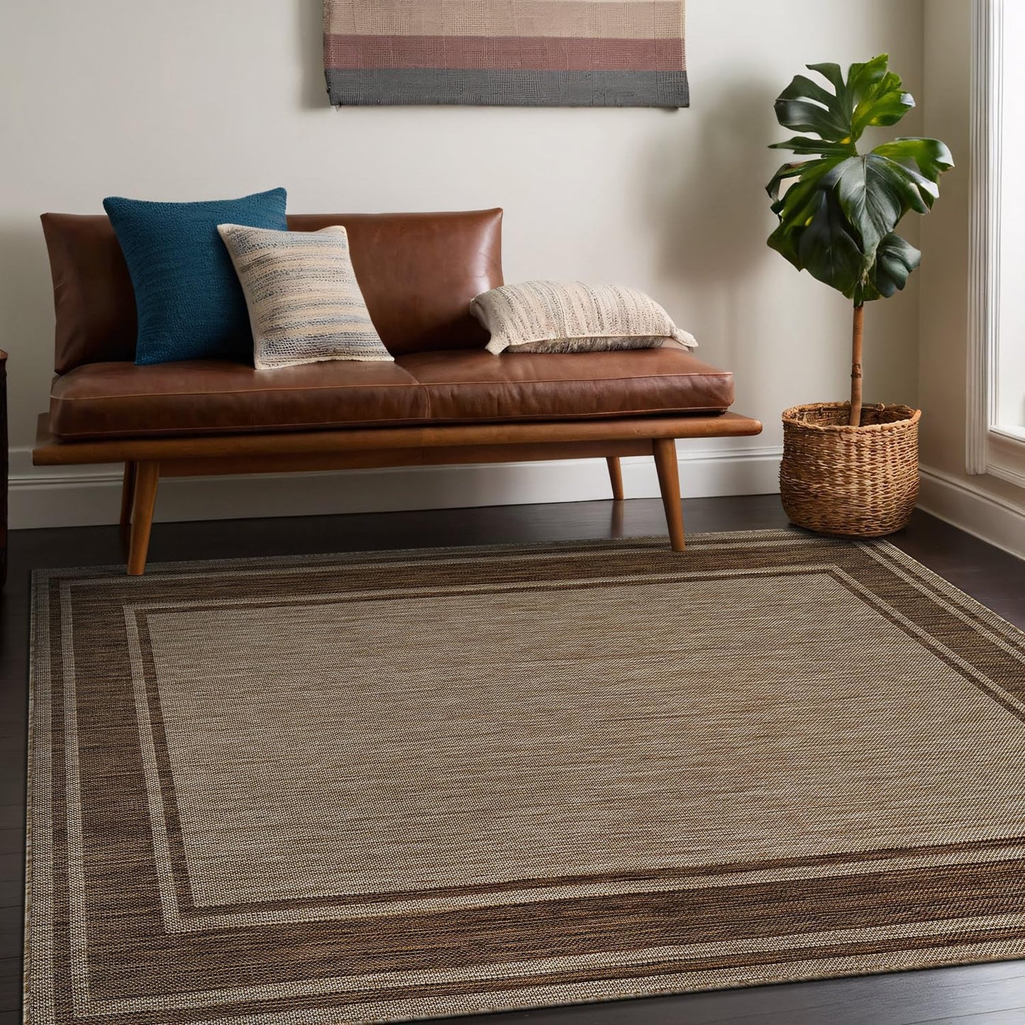 Beverly Rug Outdoor Rug 6x9 Modern Bordered Area Rugs for Indoor and Outdoor Patio Deck Porch Garden Waterproof Weather Sun Resistant Washable Outside Carpet (6 x 9 Jute)