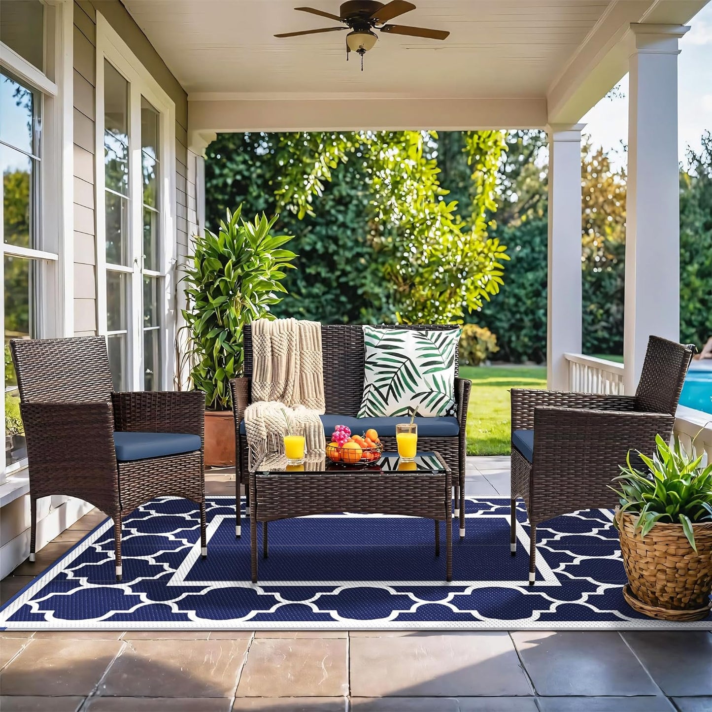 GENIMO 5' x 8' Outdoor Rug Waterproof for Patio Decor, Foldable Reversible Plastic Straw Area Rugs Mat for Camper, Outside Carpet for Rv, Deck, Porch, Picnic, Beach, Balcony, Blue & White