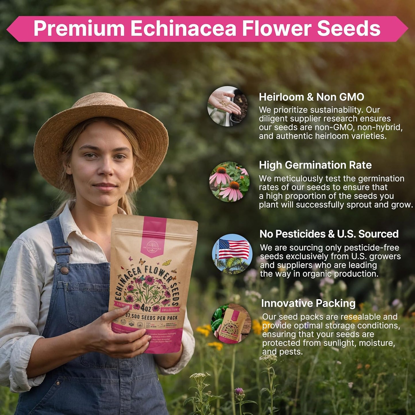 Organo Republic Echinacea Seeds Pack 4 oz - Over 37,500 Non-GMO Heirloom Echinacea Seeds for Planting, Perennial Flowers in Individual Packet, Coneflower for Planting Indoor & Outdoors