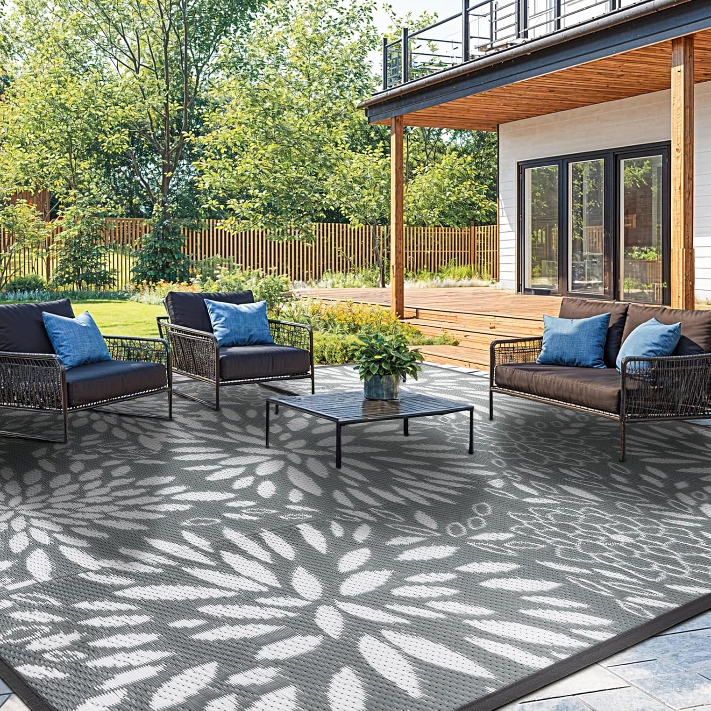 8'x10' Reversible Outdoor Rug - Eco-Friendly Plastic Straw Rug-Heavy-Duty Waterproof Mat, UV & Fade Resistant for Patio, Camping, RV, Deck, Balcony(8x10,Gray&Floral)