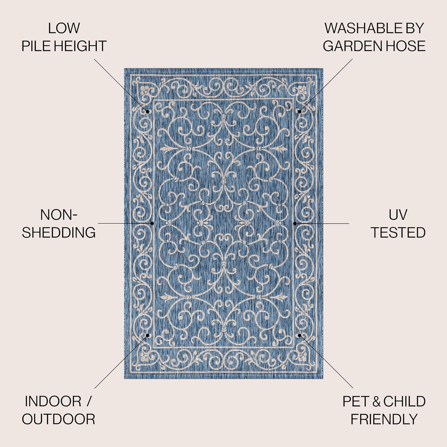 JONATHAN Y SMB106D-6SQ Charleston Vintage Filigree Textured Weave Navy/Gray 6' Square Indoor/Outdoor Area Rug, Pet Friendly, Non-Shedding, Stain Resistant, Easy-Cleaning for Backyard, Patio, Porch