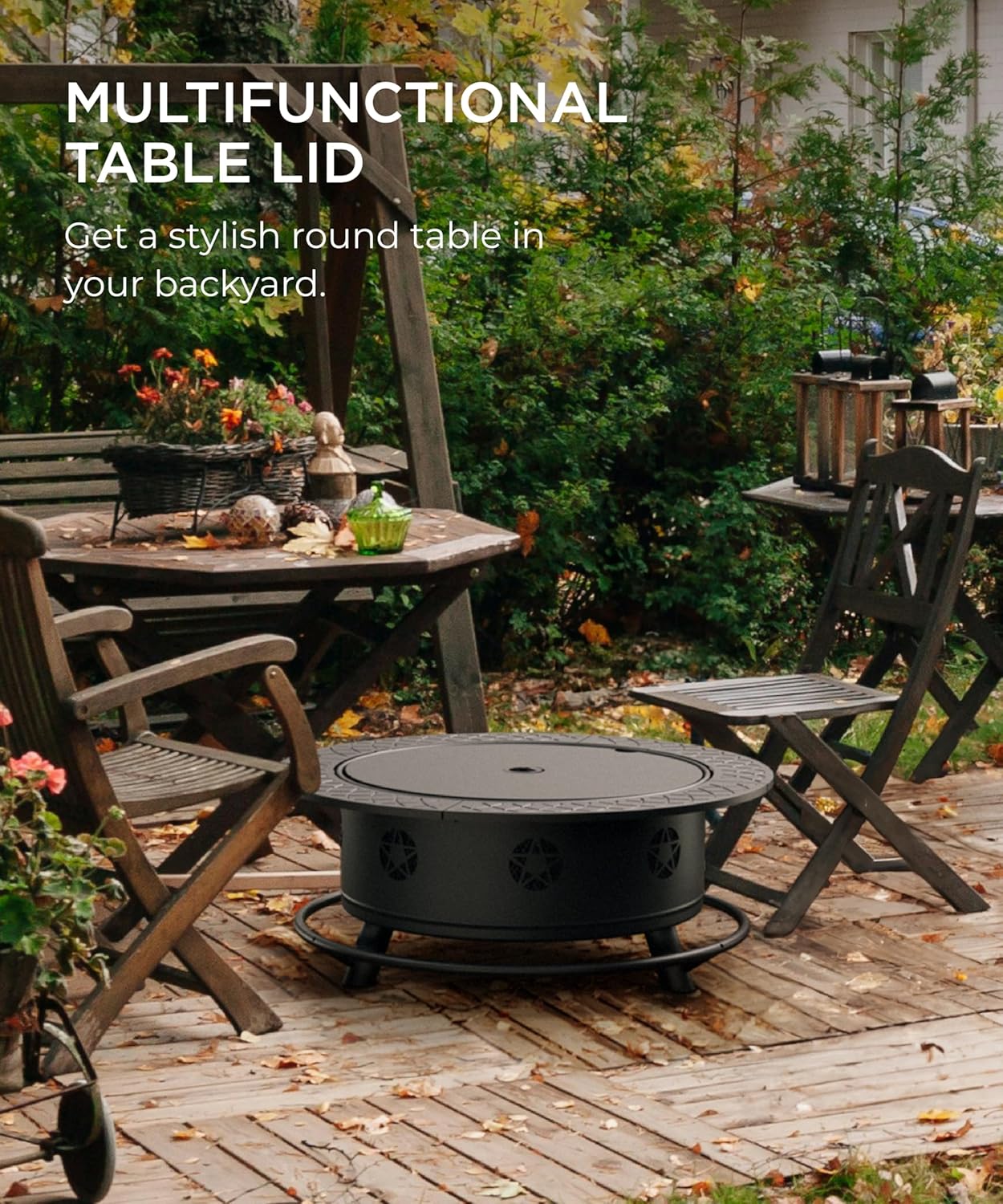 35 Inch Fire Pit with BBQ Grill, Wood Burning Fire Pits for Outside with Lid & Fire Poker, 3 in 1 Round Metal Fire Pit Table with Cooking Grate, Outdoor Firepit for Backyard, Patio, Bonfire, Picnic