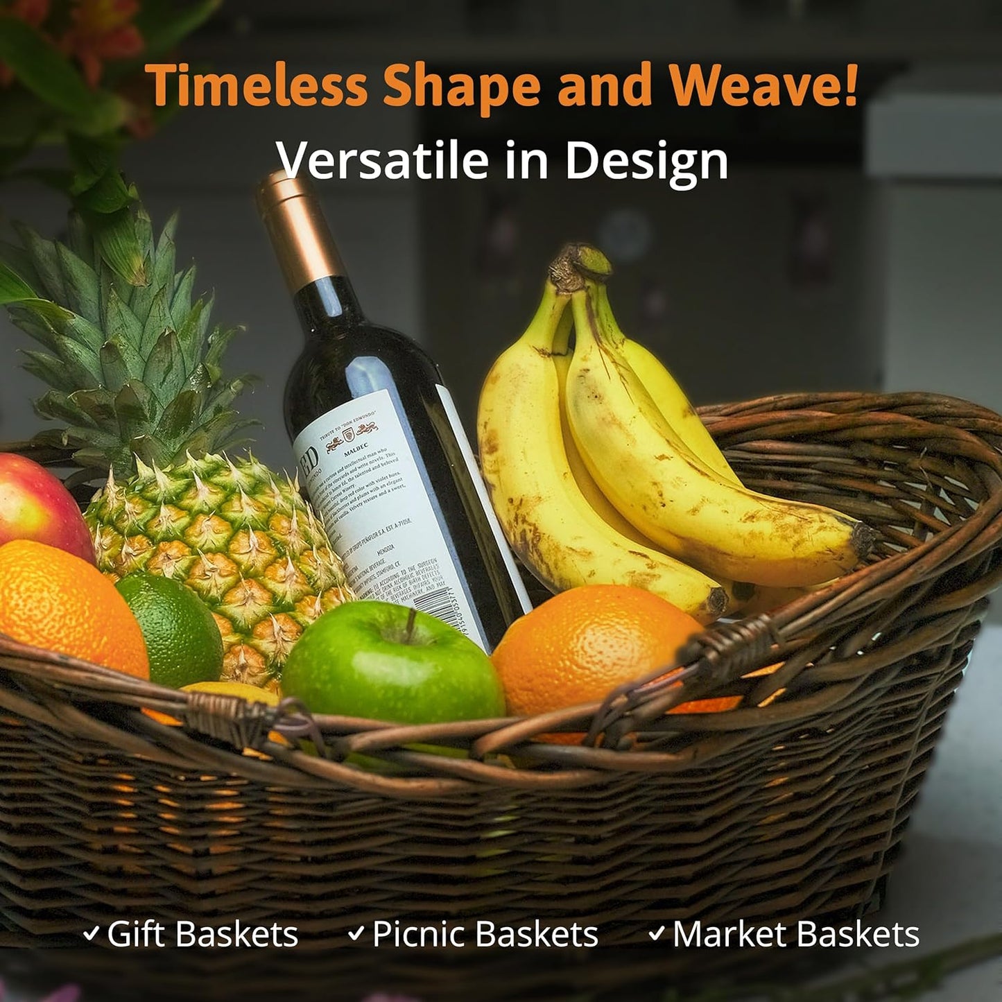 Wald Imports - Large Dark Brown Hand Woven Wicker Basket for Storage with Handles - Woven Basket - Wicker Baskets for Picnics, Easter, Organizing, and More (20 x 7.5 inches)