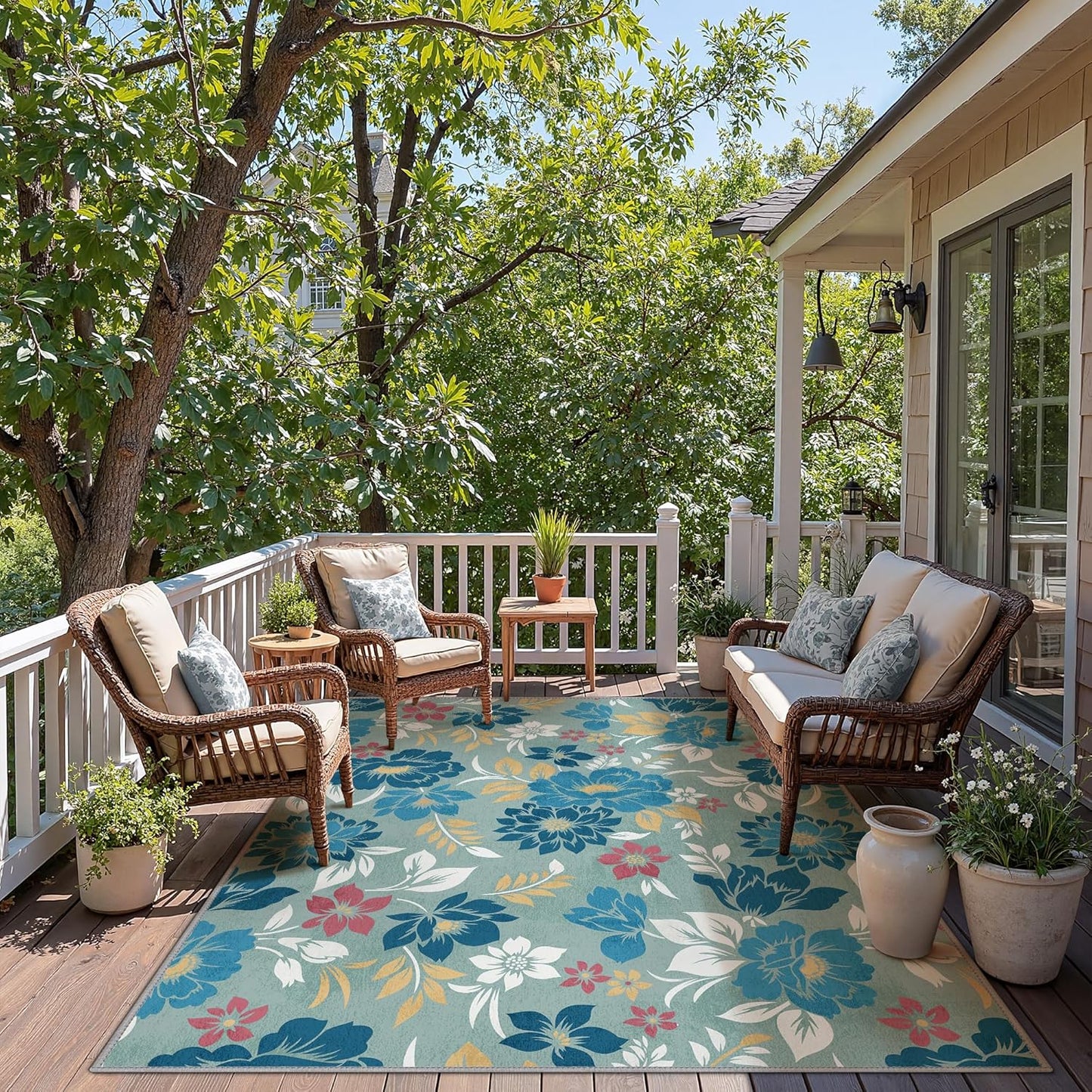 GENIMO Indoor Outdoor Area Rug 6' X 9' Waterproof, Washable Patio Rug Non Shedding, Easy Cleaning Floral Outdoor Carpet for Living Room, Bedroom, Dining Room, Balcony, Backyard, Deck, RV, Blue Grey