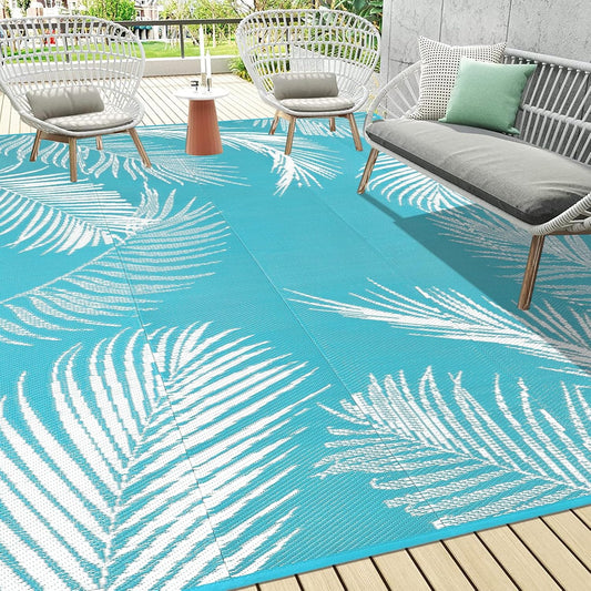 Pauwer Waterproof Outdoor Rug 10x14, Reversible Plastic Straw Patio Camping Rug, Indoor Outdoor RV Mat Carpet for Deck, Camper, Porch, Balcony, Backyard, Picnic, Leaf Teal