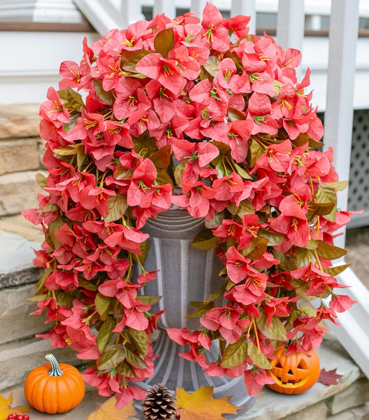 Bougainvillea Artificial Fall Hanging Flowers Plants for Outdoors Autumn Decoration, 2pcs Faux Bougainvillea Vines Red Fake Flowers Realistic UV Resistant Silk Flowers for Outside Planter Yard Home