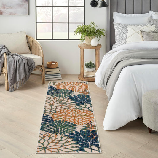 Nourison Home Aloha Indoor/Outdoor Blue Green 2' x 6' Area Rug, Easy Cleaning, Non Shedding, Bed Room, Living Room, Dining Room, Backyard, Deck, Patio (2x6)
