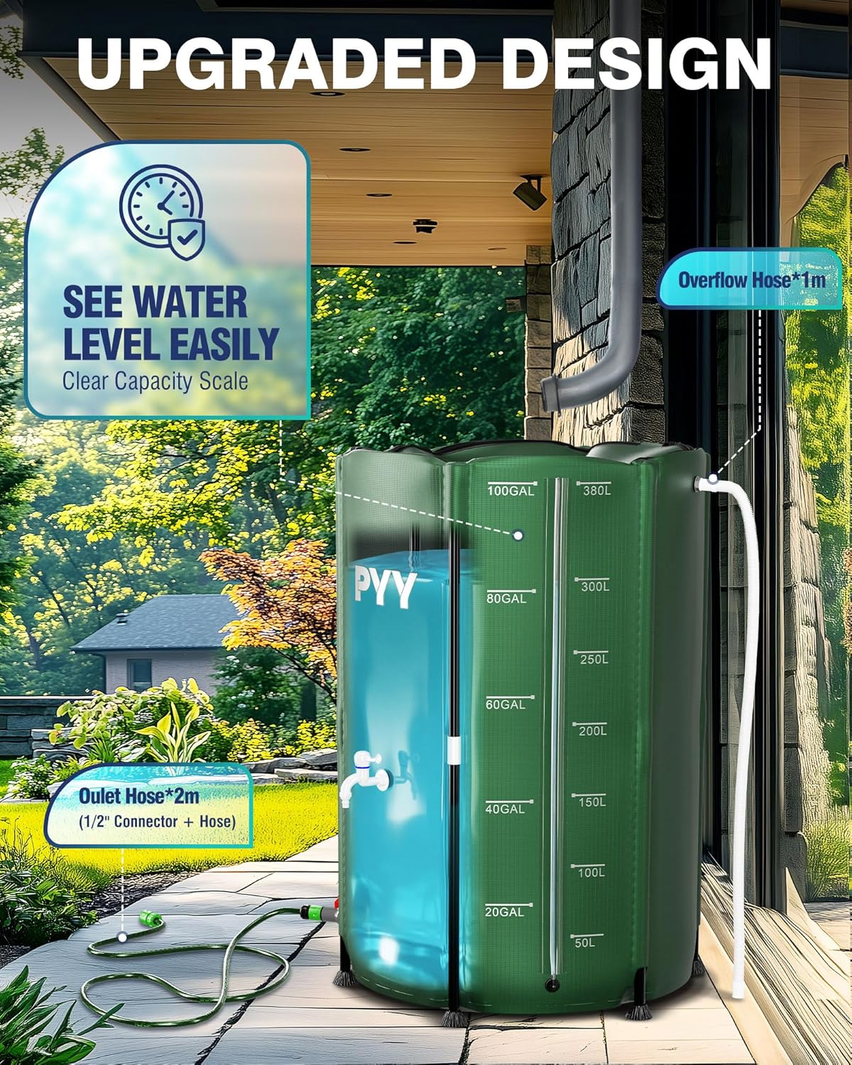 PYY Rain Water Collection Barrel - 100 Gallon Green Water Storage Tank with Spigots, Hose and Portable Bucket, Large Plastic Collapsible Rain Catcher Catchment System to Collect Rainwater from Gutter