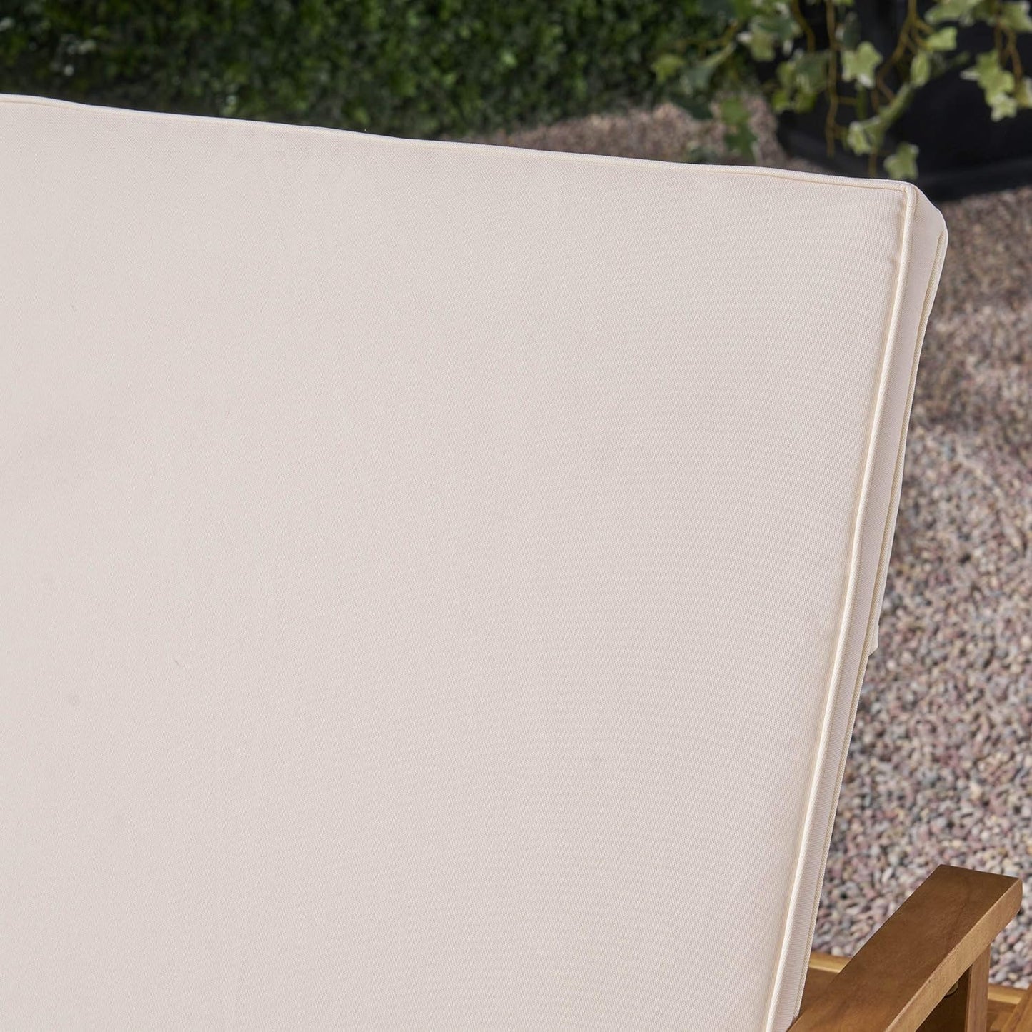 Great Deal Furniture Samantha Double Chaise Lounge for Yard and Patio, Acacia Wood Frame, Teak Finish with Cream Cushions, (307569)